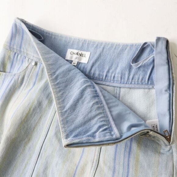 Authentic CHANEL CC Vintage Denim Striped Mini Skirt Light Blue Y2K 34 - Picture 5 of 12